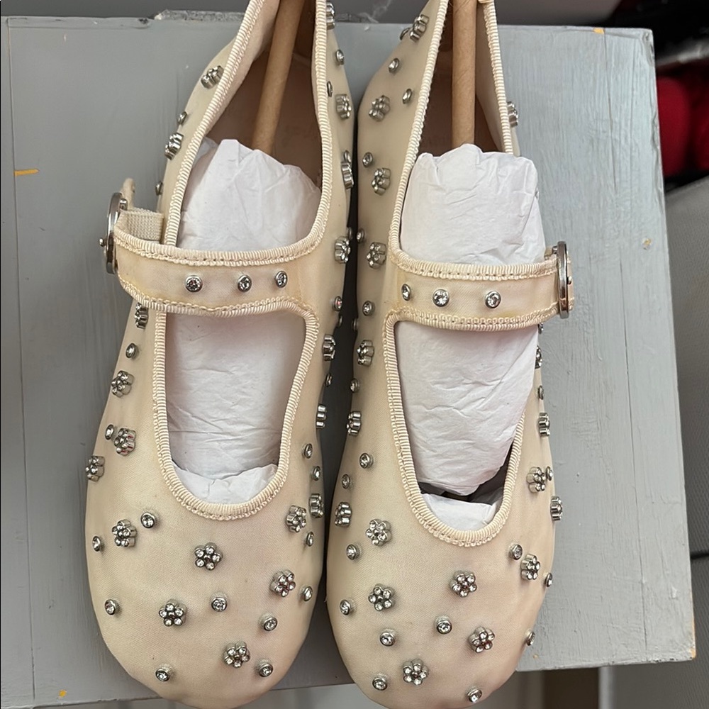 Embellished Beige Mary Jane Flats